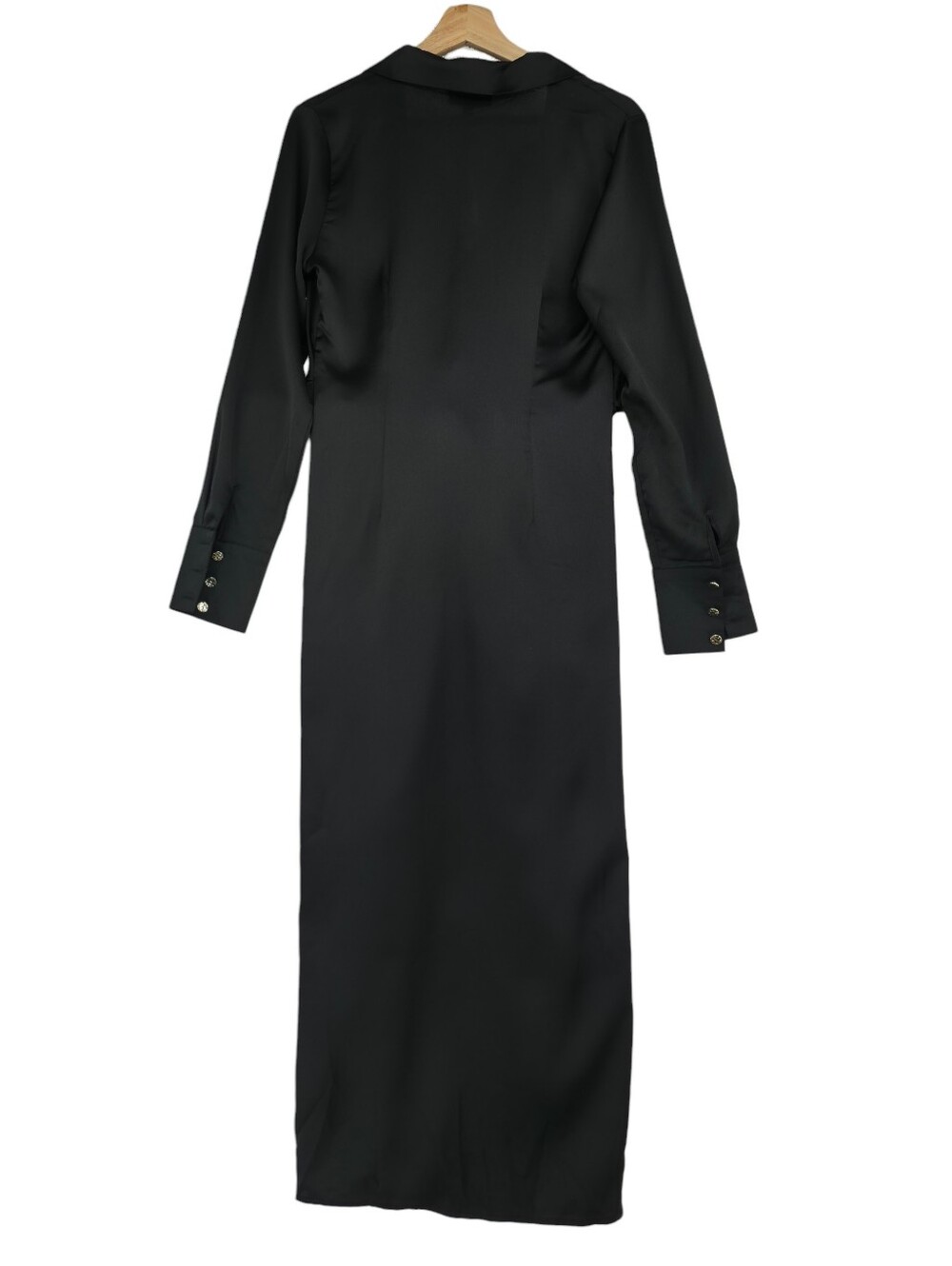 Mable Black Satin Tie Front Shirt Dress Small Midi Front Slit Long Sleeve NWOT - Picture 7 of 12